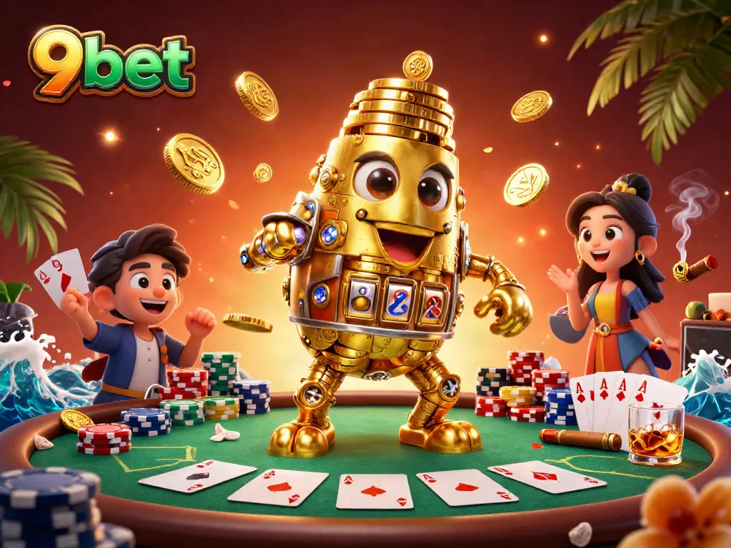 Win big with 9bet on a vibrant poker table, featuring a golden golem and casino elements.