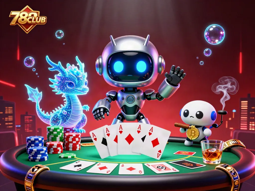 Engage with 789CLUB's vibrant casino scene featuring a cyberpunk robot, holographic dragon, and bitcoin drone.