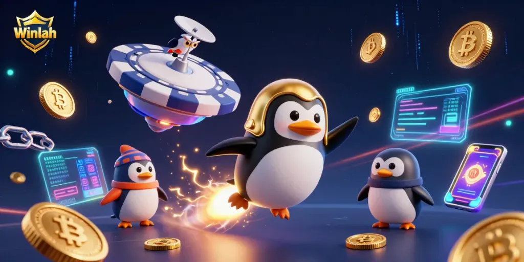 Winlah features a gold penguin soaring in a casino space with vibrant crypto graphics.