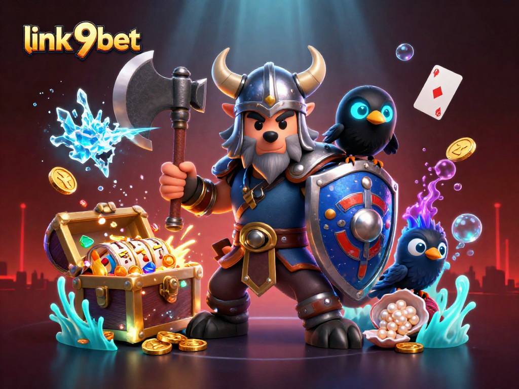 Experience thrilling gameplay with link 9bet featuring a Viking wolf warrior amidst slot reels and treasure.