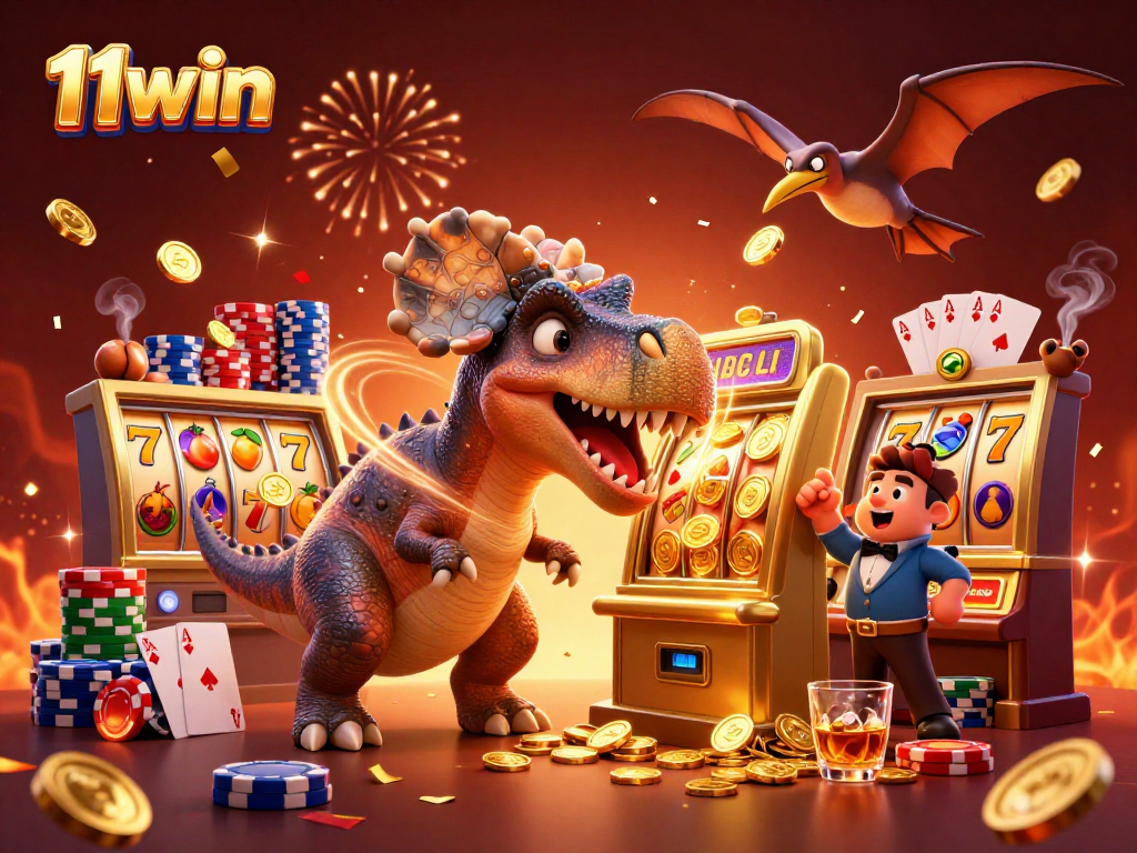 11win features a cartoon dinosaur winning coins at a golden slot machine in a vibrant casino