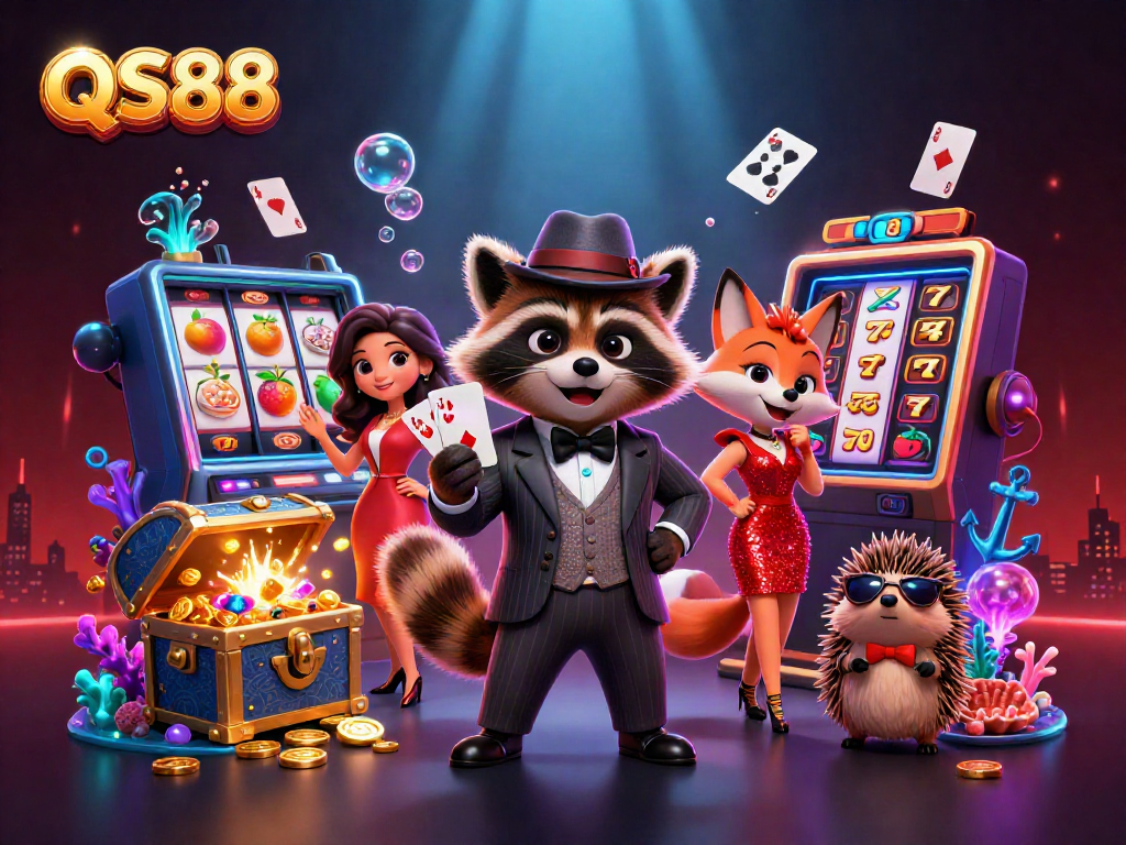 QS88 showcases a raccoon, fox, and hedgehog in a vibrant casino scene, celebrating gaming wins.