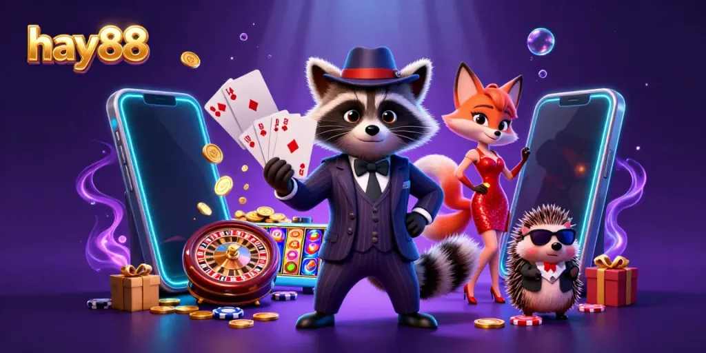 Engage with hay88’s vibrant array of casino elements featuring animated characters in a high-stakes scene.