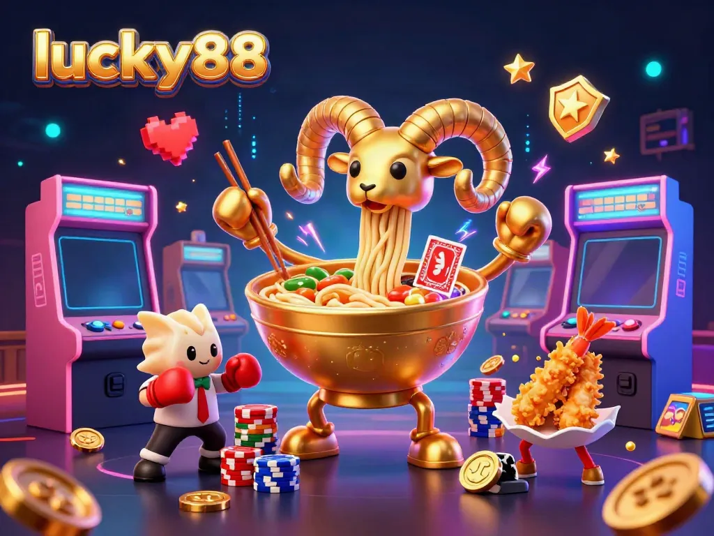 Engage with lucky88 in a vibrant casino scene featuring animated characters, game elements, and neon effects.