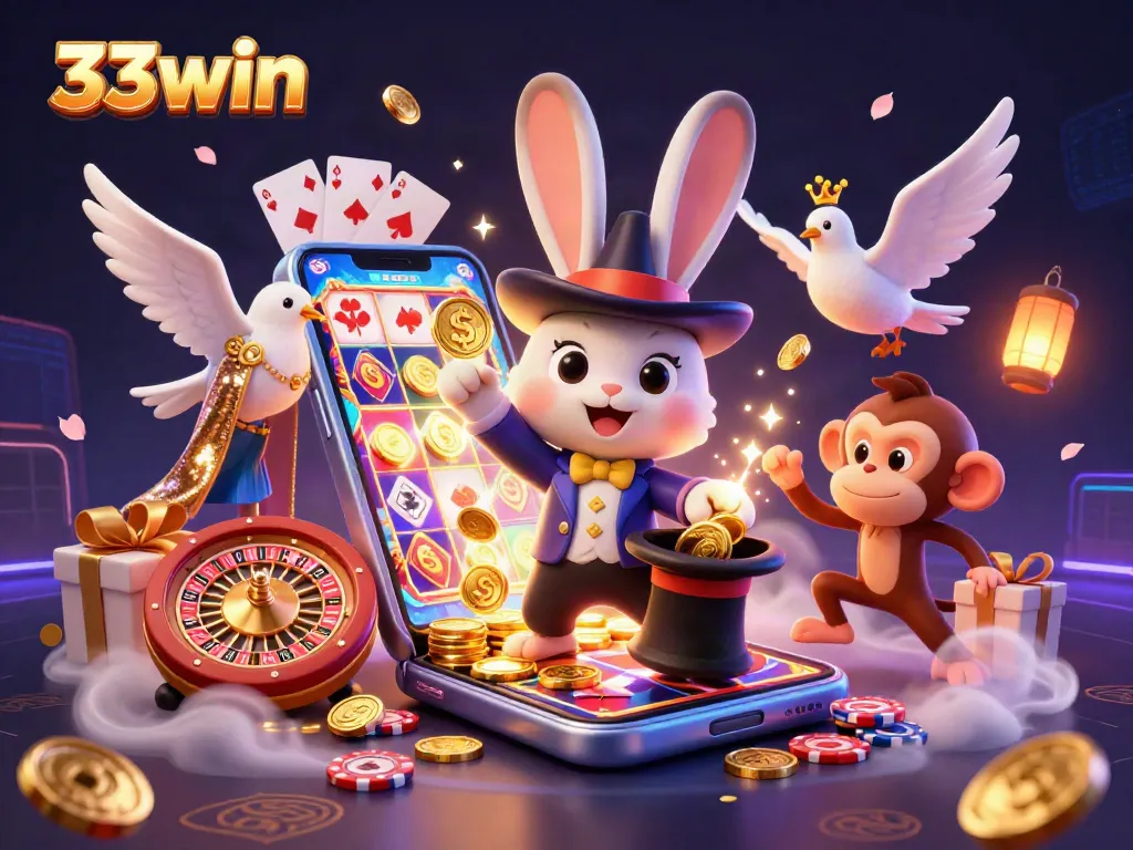 Experience thrilling gameplay with 33win as a magician rabbit conjures coins and poker chips, depicting the excitement of online casinos.