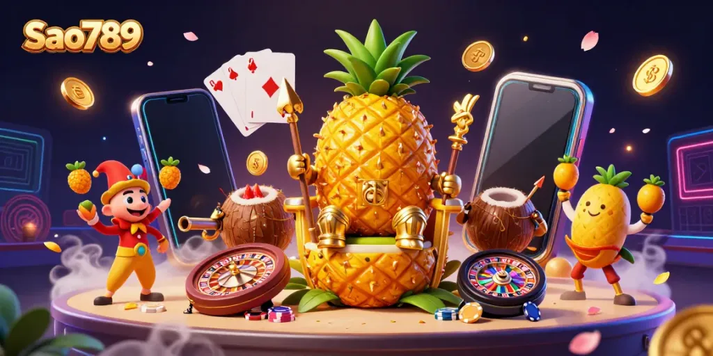 Sao789 casino illustration featuring a golden pineapple king and gaming elements in vibrant detail.