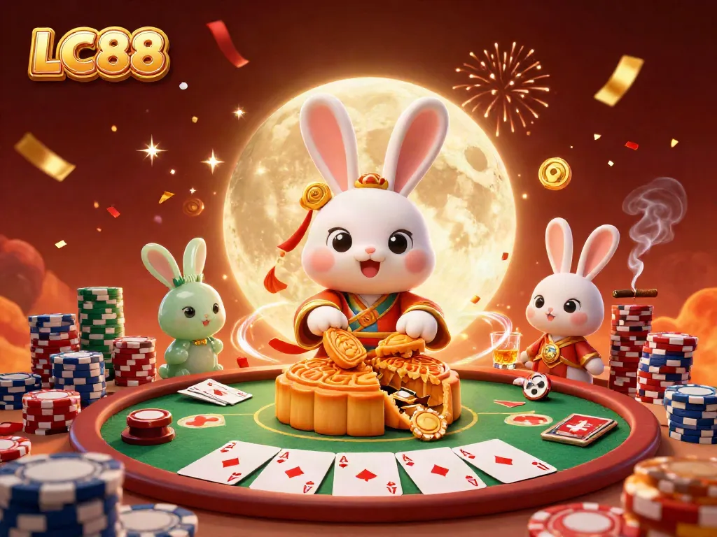 Engage with LC88's vibrant casino scene featuring a moon rabbit revealing poker chips.