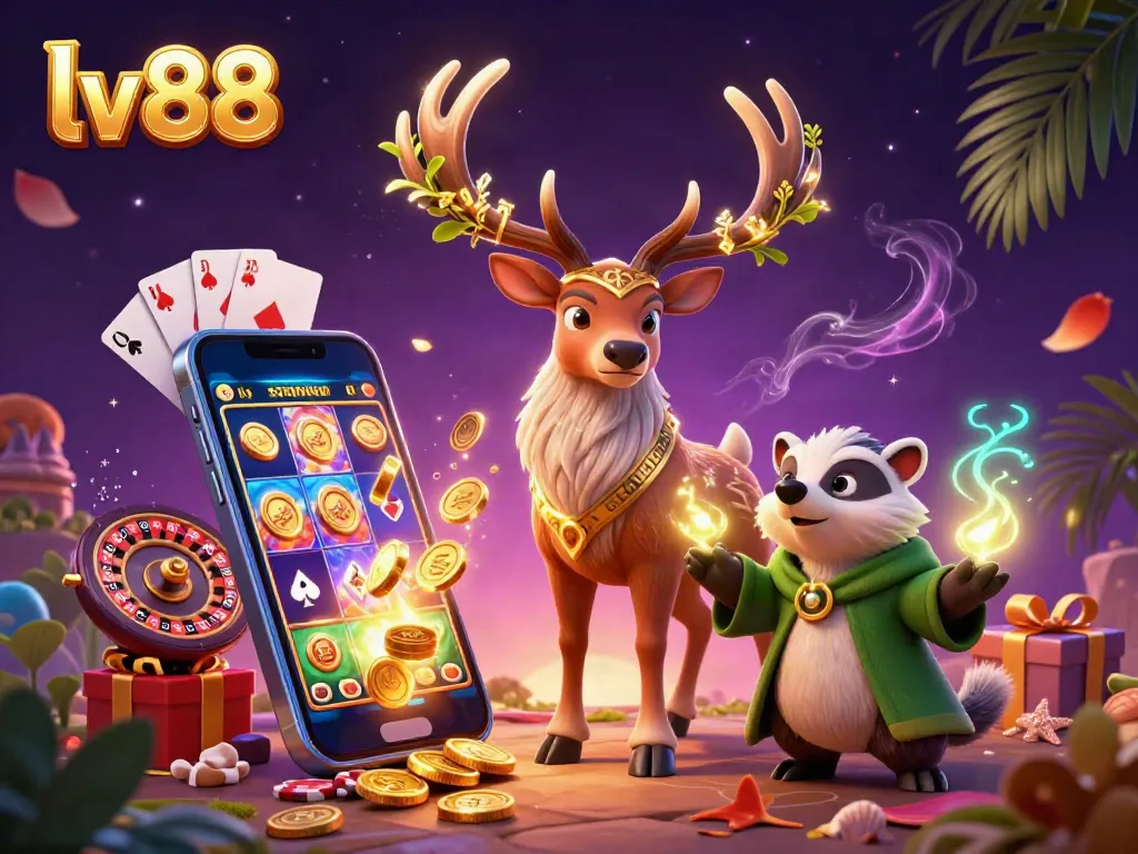 Engage with lv88's vibrant 3D casino scene featuring a druid stag and badger amidst game elements.