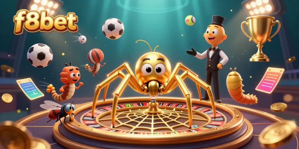 Spinning bets at f8bet with a golden spider and croupier in a dynamic casino scene.