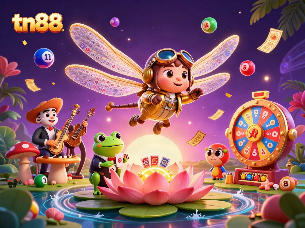Experience the thrill of tn88 as a dragonfly pilot hovers above a vibrant lily pad casino.
