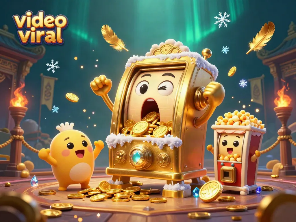 video viral jackpot celebration as a golden slot machine triumphs with coins pouring out