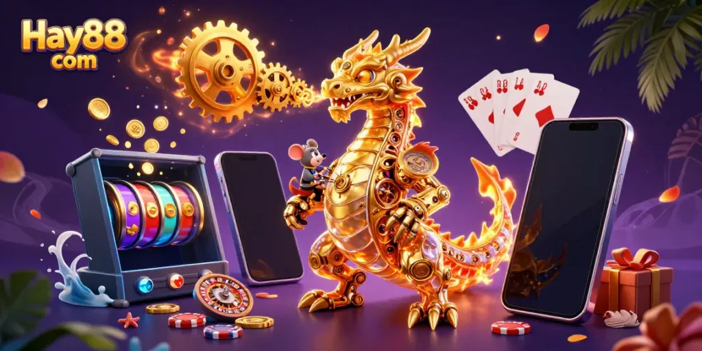 Experience thrilling gaming with Hay88 com's vibrant 3D casino scene, featuring dynamic characters and elements.
