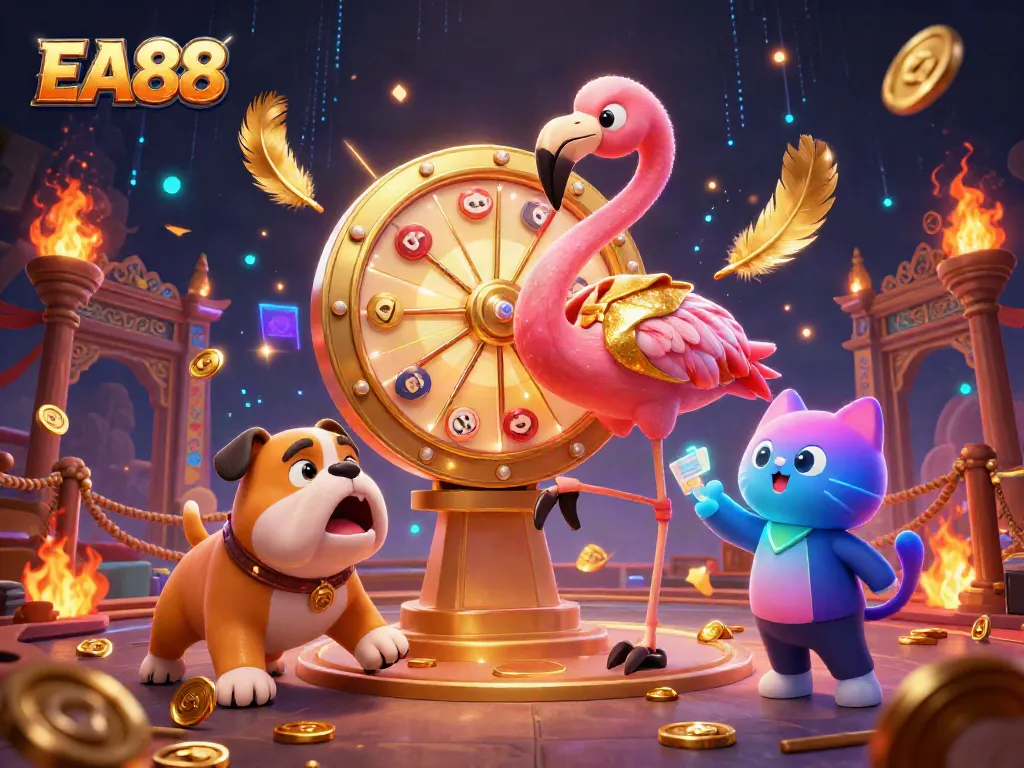 EA88 spins a golden prize wheel with a game show host flamingo and excited bulldog contestant