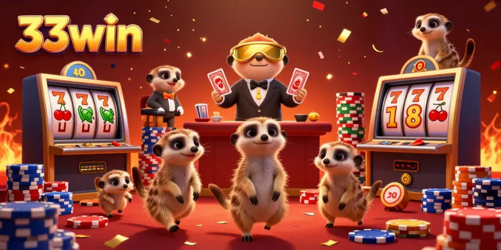 Experience the vibrant casino world of 33win through a dynamic 3D meerkat illustration, showcasing excitement and gaming.