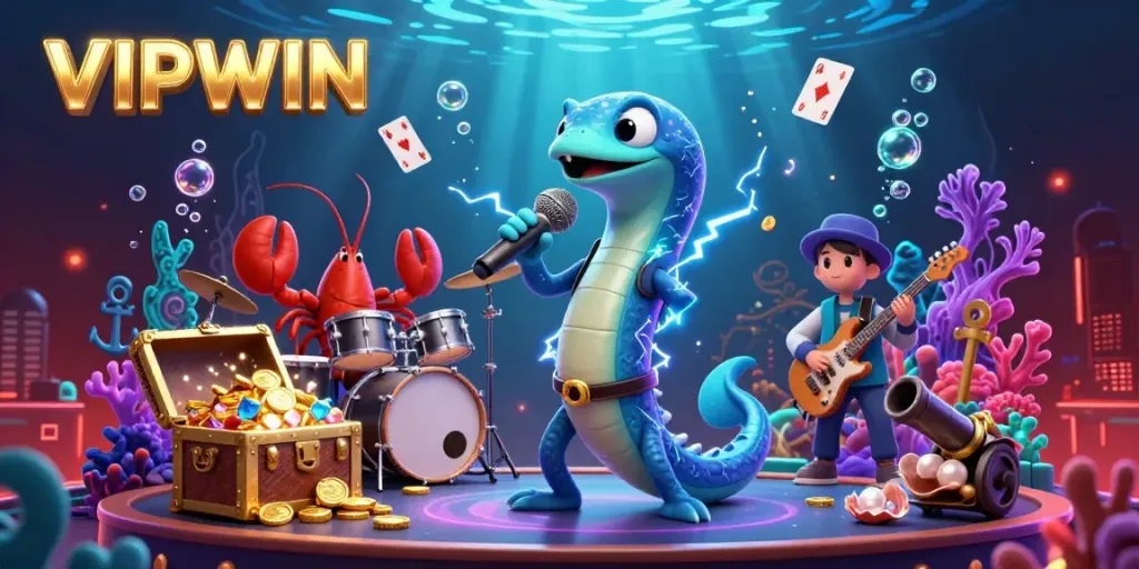 Experience the vibrant underwater casino scene with VIPWIN, featuring an electric eel DJ and colorful treasures.
