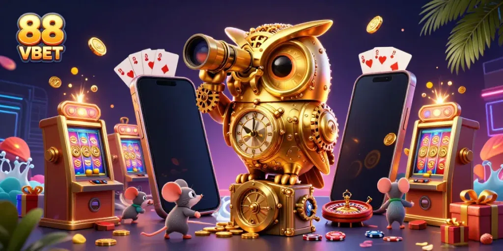 Experience the excitement of 88 VBET with a vibrant casino scene featuring animated characters and game elements.