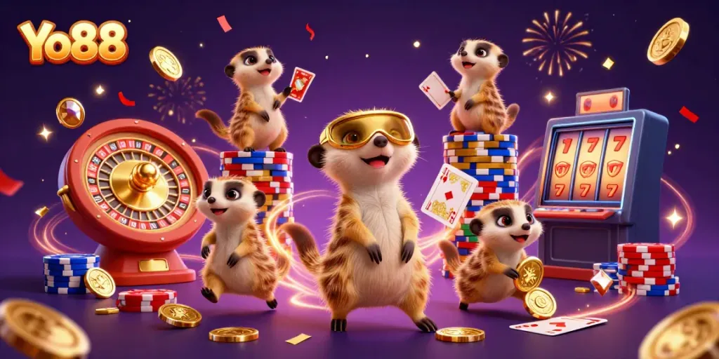 Experience exciting gameplay at Yo88 with our engaging meerkat casino scene filled with vibrant games and colorful action.