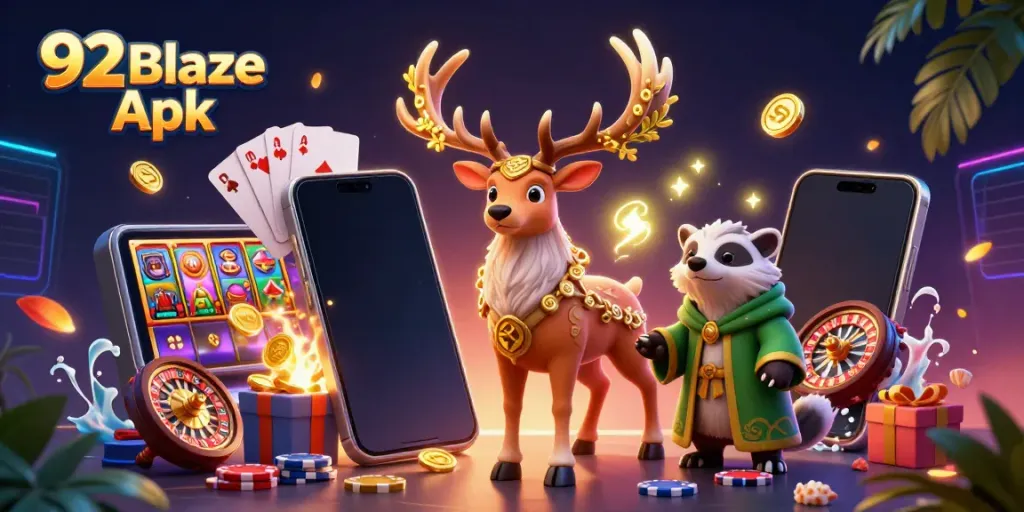 Experience the excitement with 92 Blaze Apk, showcasing vibrant gaming elements and characters in a magical scene.