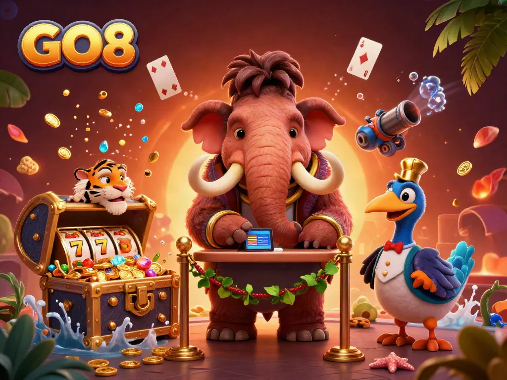 GO8 casino scene with a woolly mammoth checking IDs, vibrant slot reels, and treasure elements