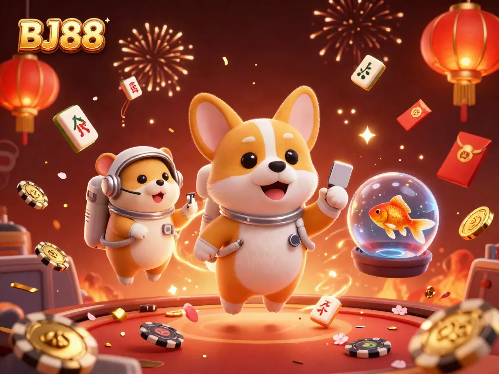 BJ88 showcases an astronaut corgi in a space casino, playing with drifting poker chips.