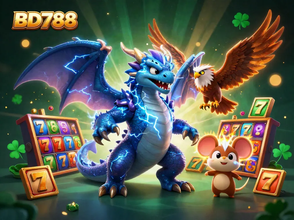 Experience BD788's thrilling atmosphere with cartoon dragon, hawk, and thunder mouse amidst vibrant slot elements.