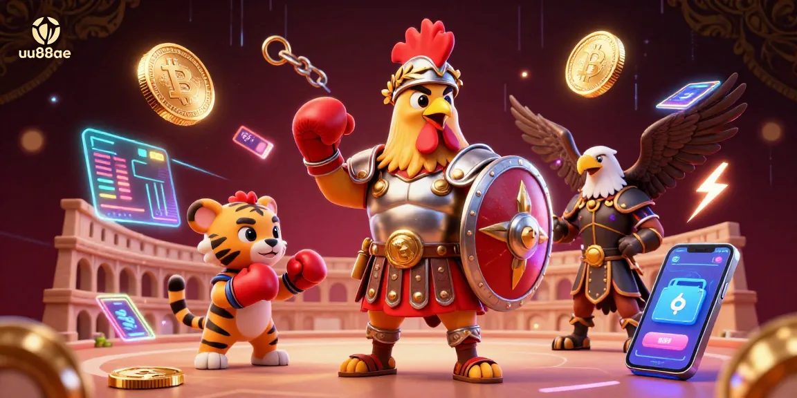 Bet on uu88ae with a dynamic 3D illustration showcasing gladiator rooster and crypto elements.