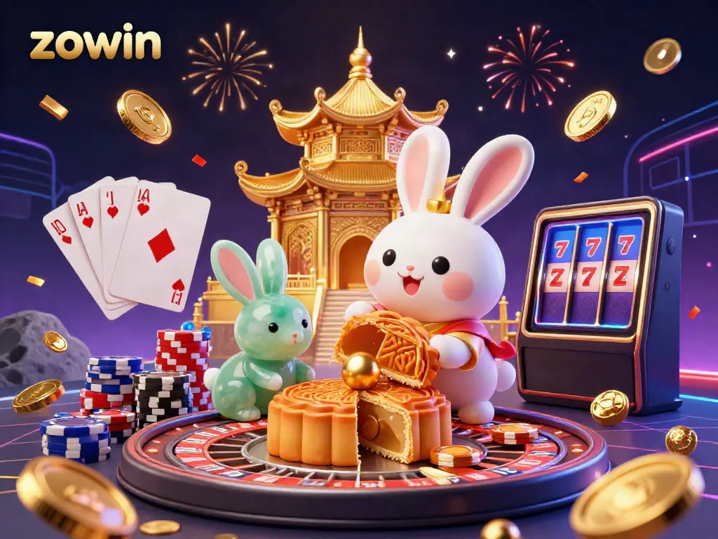 The vibrant "zowin" casino scene features a moon rabbit with poker chips and cascading coins, creating an exciting gambling atmosphere.