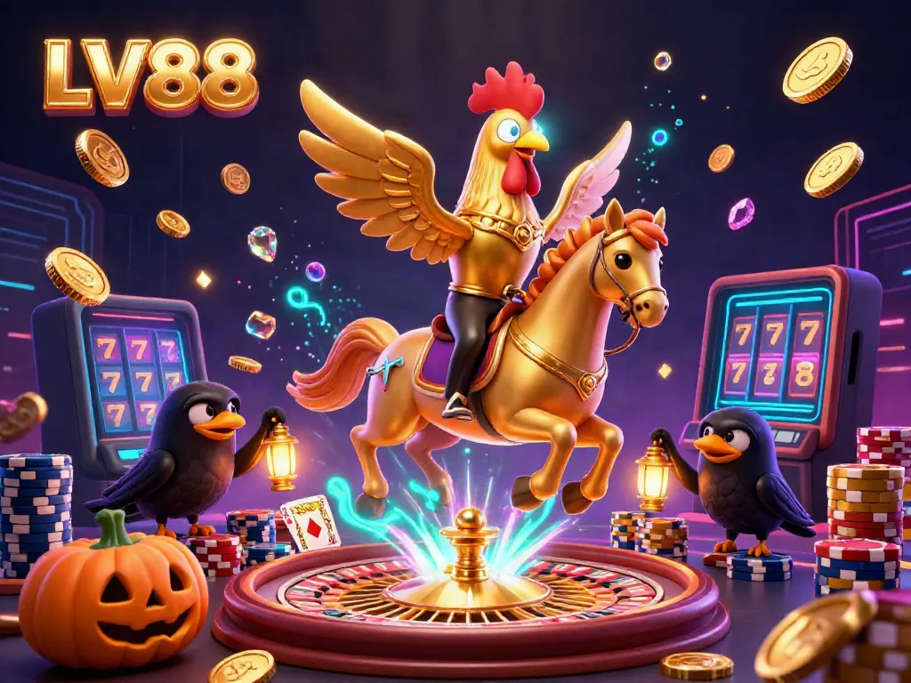 LV88 wins big with a glowing rooster leading a vibrant casino scene filled with riches and excitement.