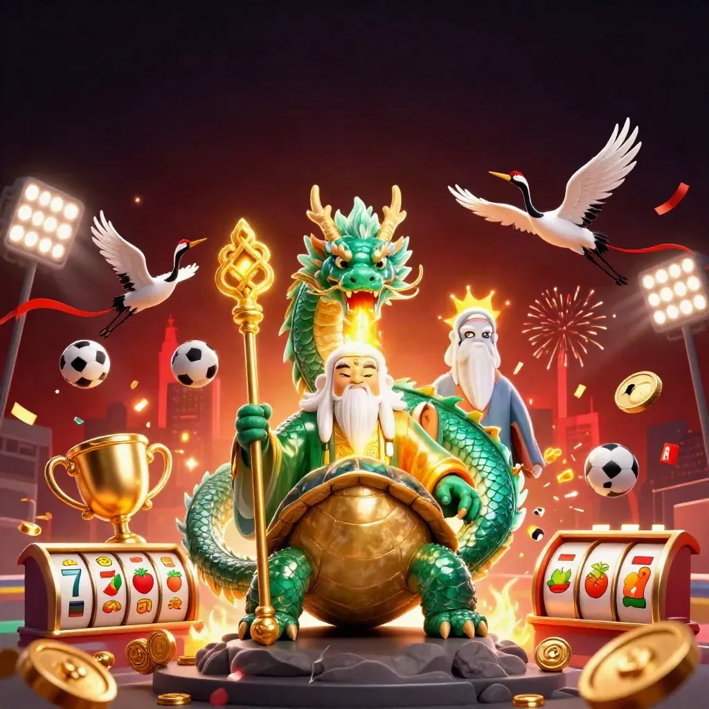 Jade dragon, turtle sage, and cranes amid casino-sports icons, gold fire, and neon effects