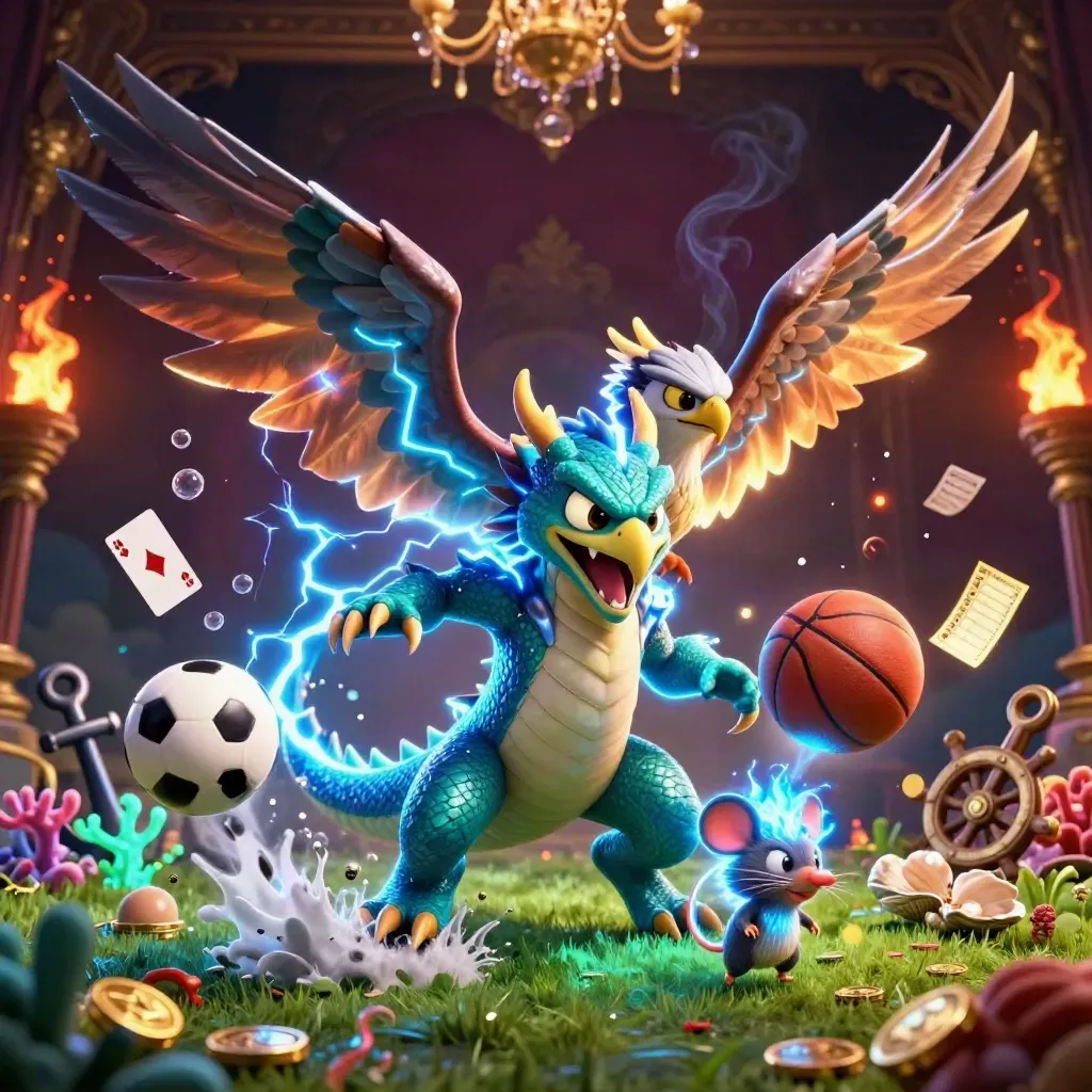 Thunder dragon, hawk, and mouse amid casino sports chaos, coins, coral, balls, and gold glow.