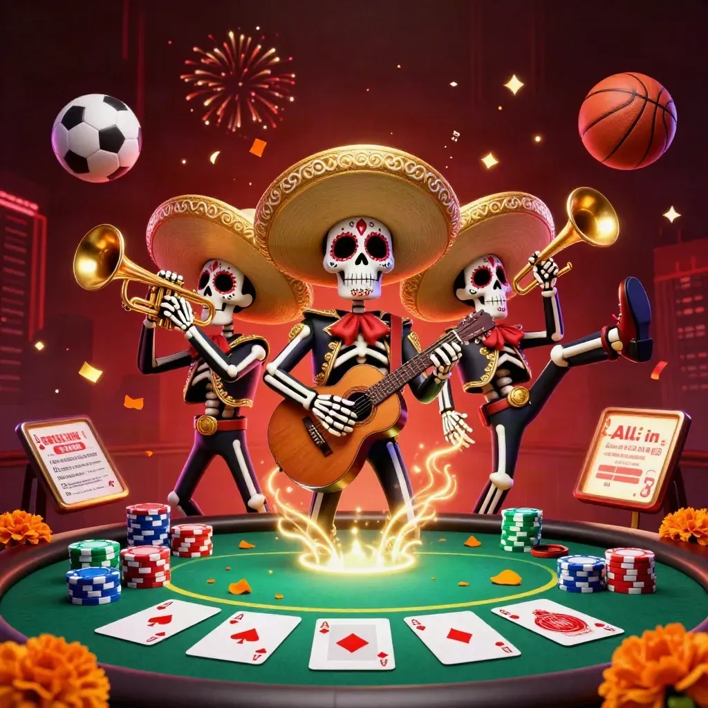 Skeleton mariachi trio amid casino chips, cards, soccer ball and basketball with neon glow.