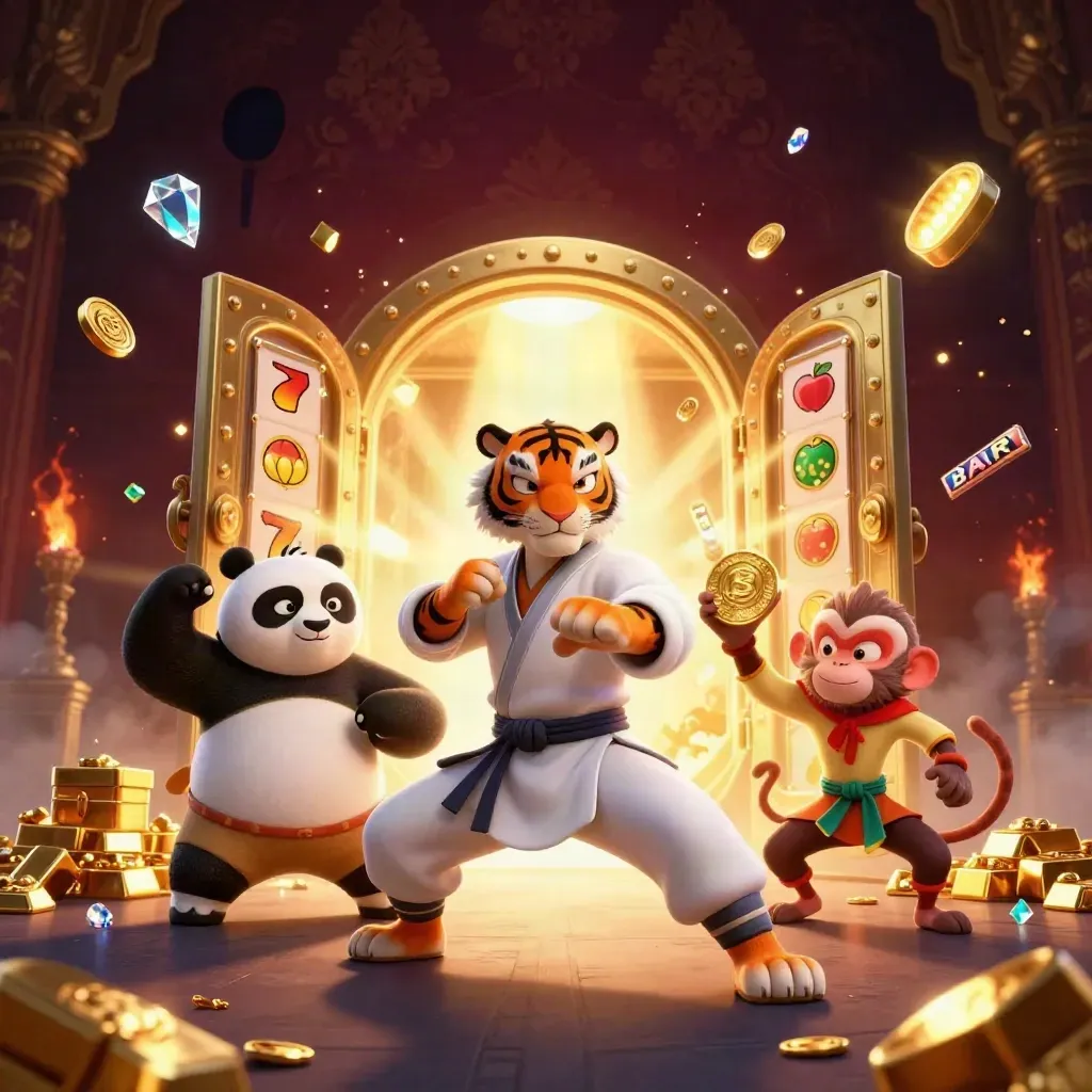 Kung-fu tiger, panda, and monkey amid treasure, gold vault light, gems, and slot symbols.