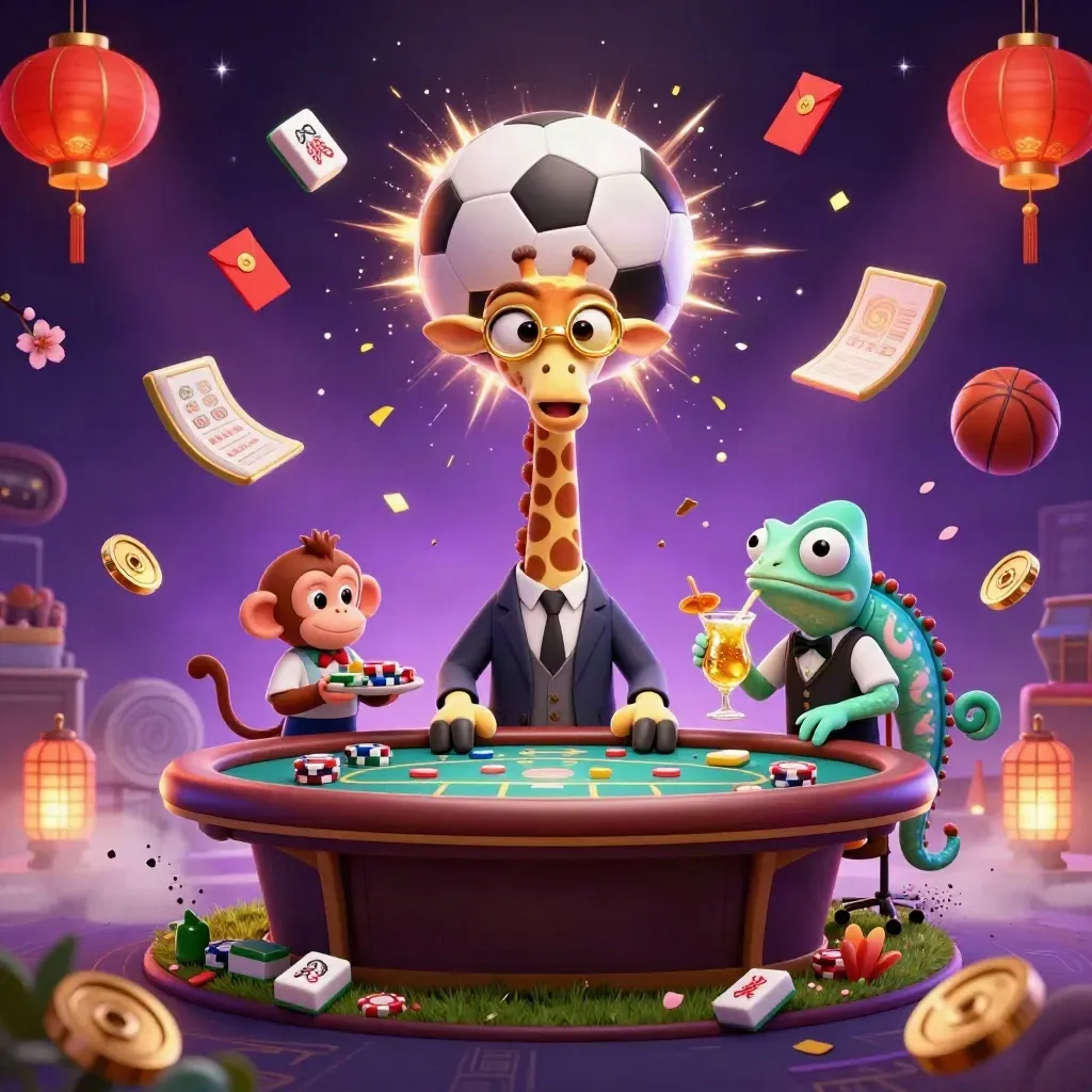 Giraffe, monkey, and chameleon at a VIP table as a soccer ball and gold casino effects burst around them.