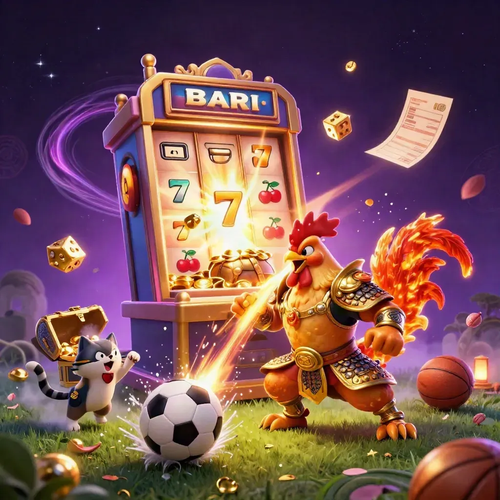 Rooster warrior, dragon hatchling, fortune cat, exploding slot machine, balls, gold, and neon casino magic