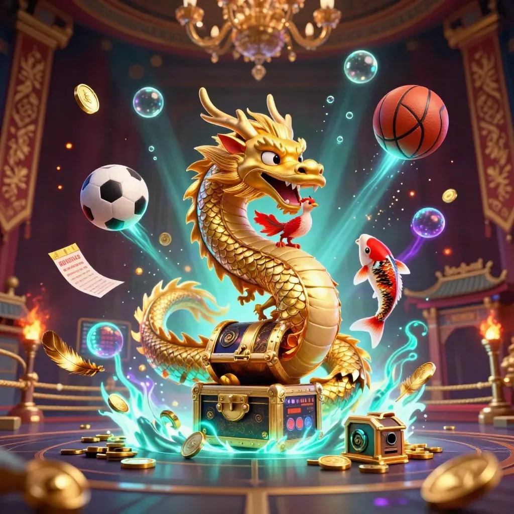 Golden dragon with phoenix and koi amid sports balls, coins, and casino glow.