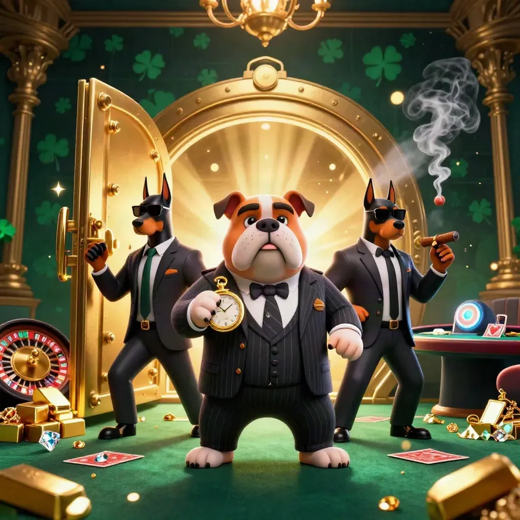 Bulldog boss and two Dobermans in a glowing casino vault with gold, gems, and spinning roulette wheel.