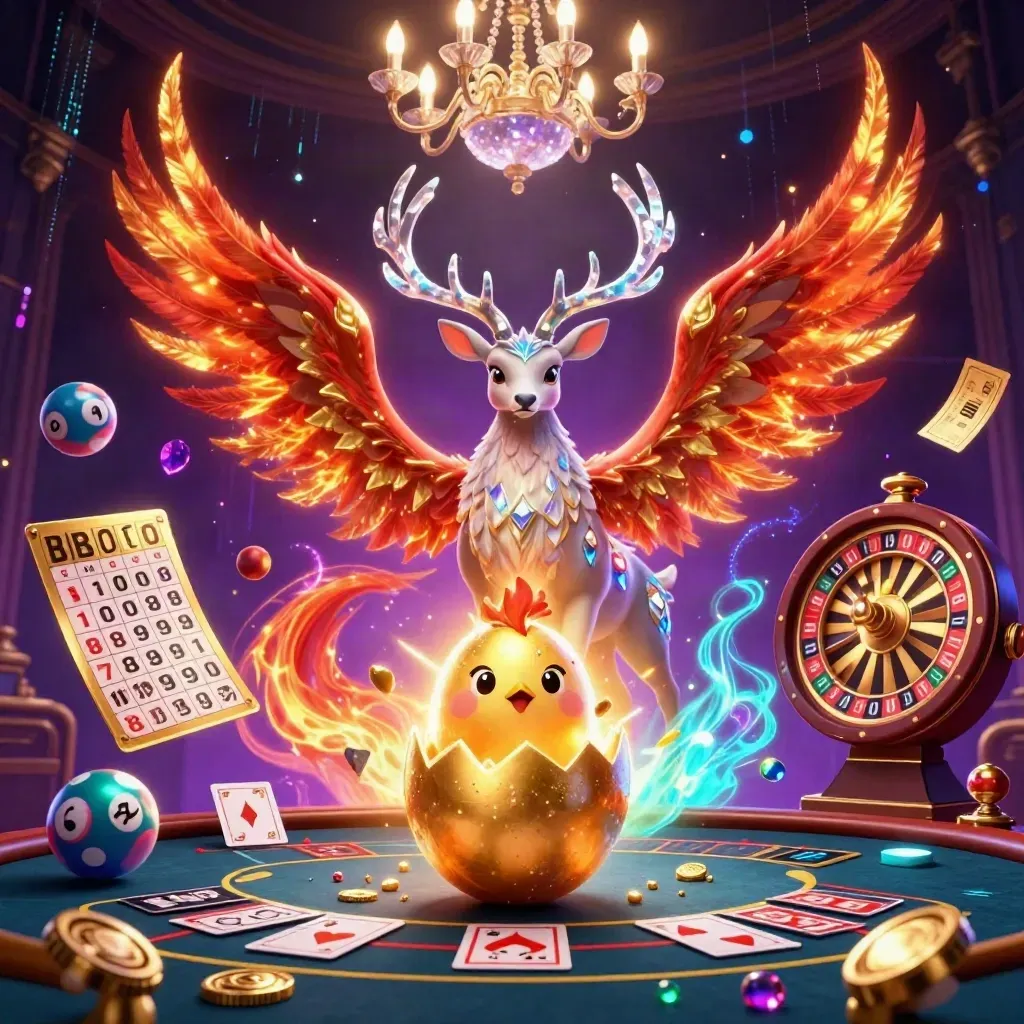 Fire phoenix, hatchling, and crystal stag in a neon casino fantasy with spinning game elements.
