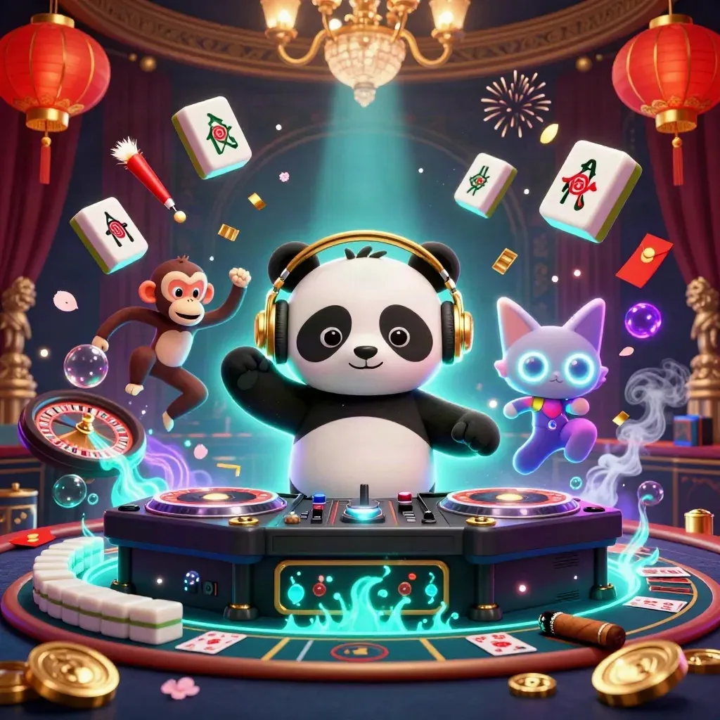 DJ panda, breakdancing monkey, and glow-stick kitten amid casino magic and neon light.