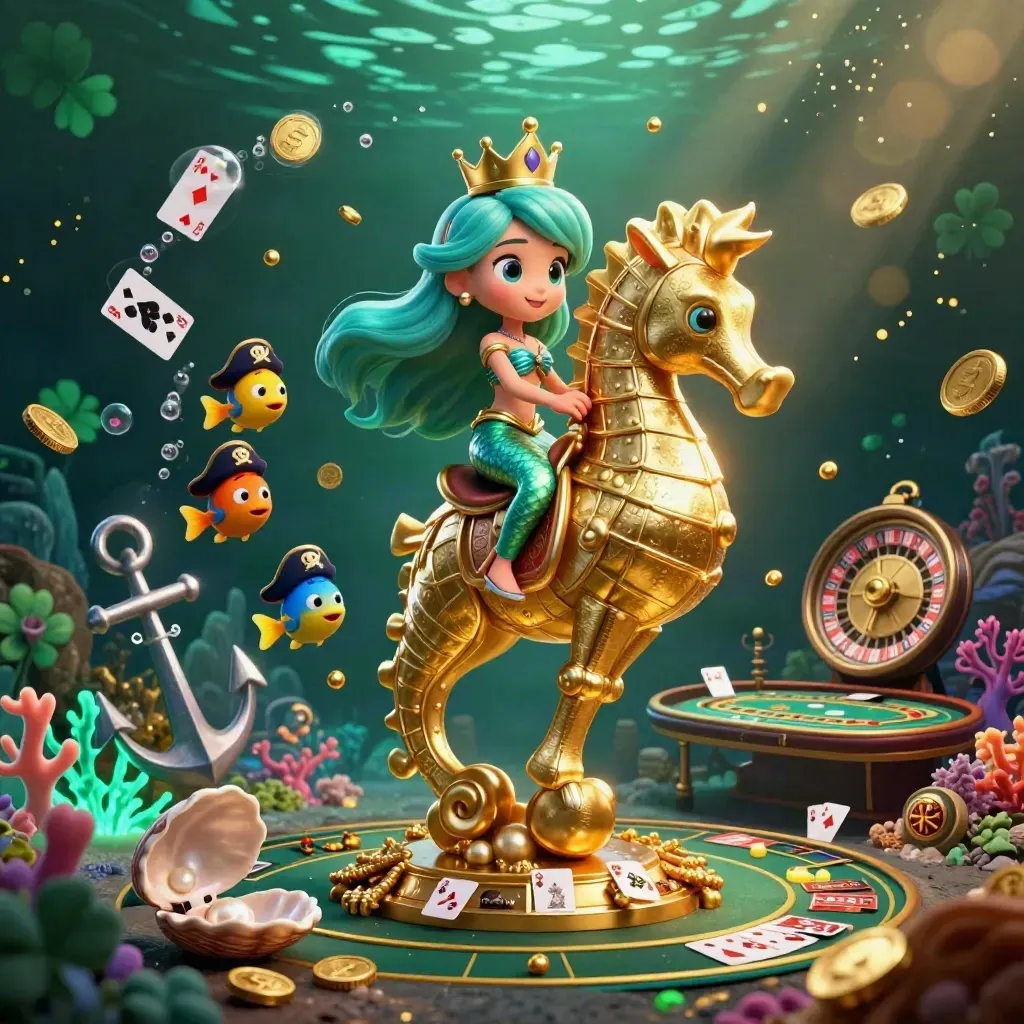 Mermaid princess on armored seahorse with pirate fish in a glowing casino treasure cove