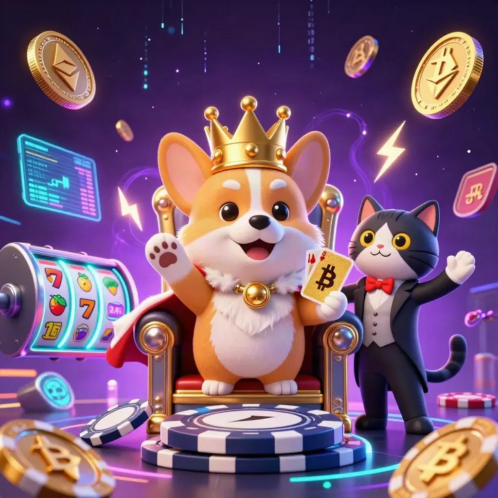 Royal corgi and cat butler amid neon coins, lightning, and casino magic