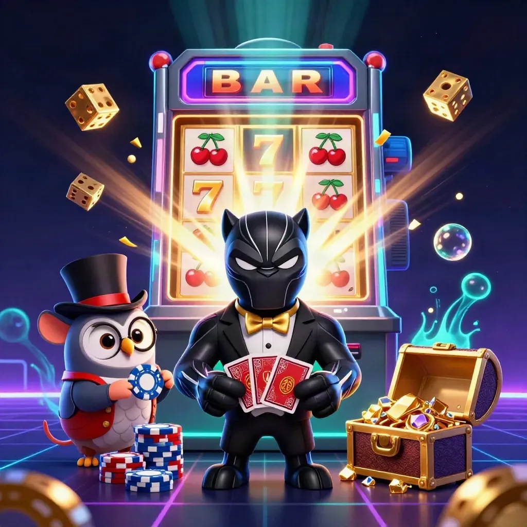 Panther, owl, and mouse in a neon casino blast with gold coins, chips, and exploding slot machine.