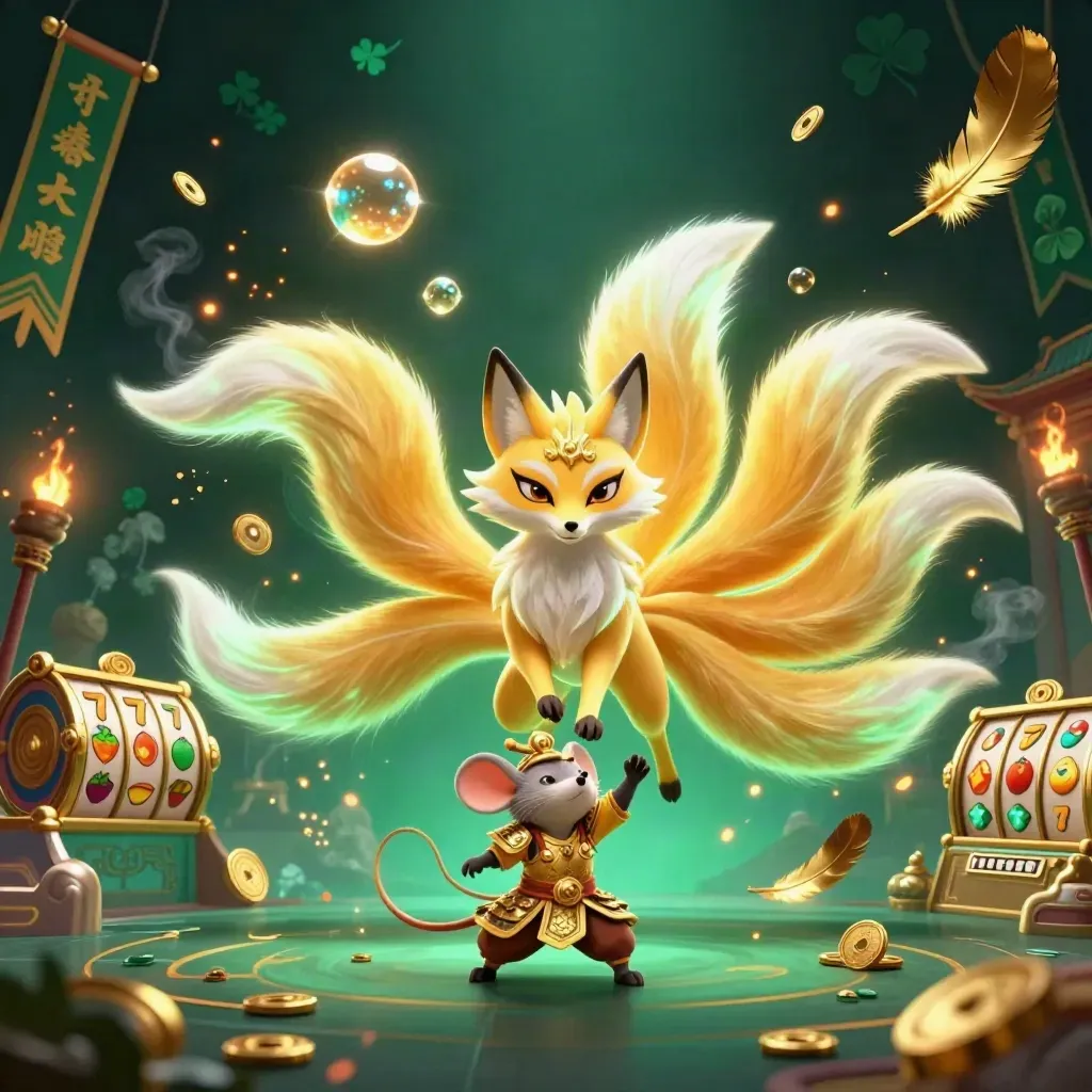 Neon fox spirit and armored mouse amid coins, temple gates, and casino magic.