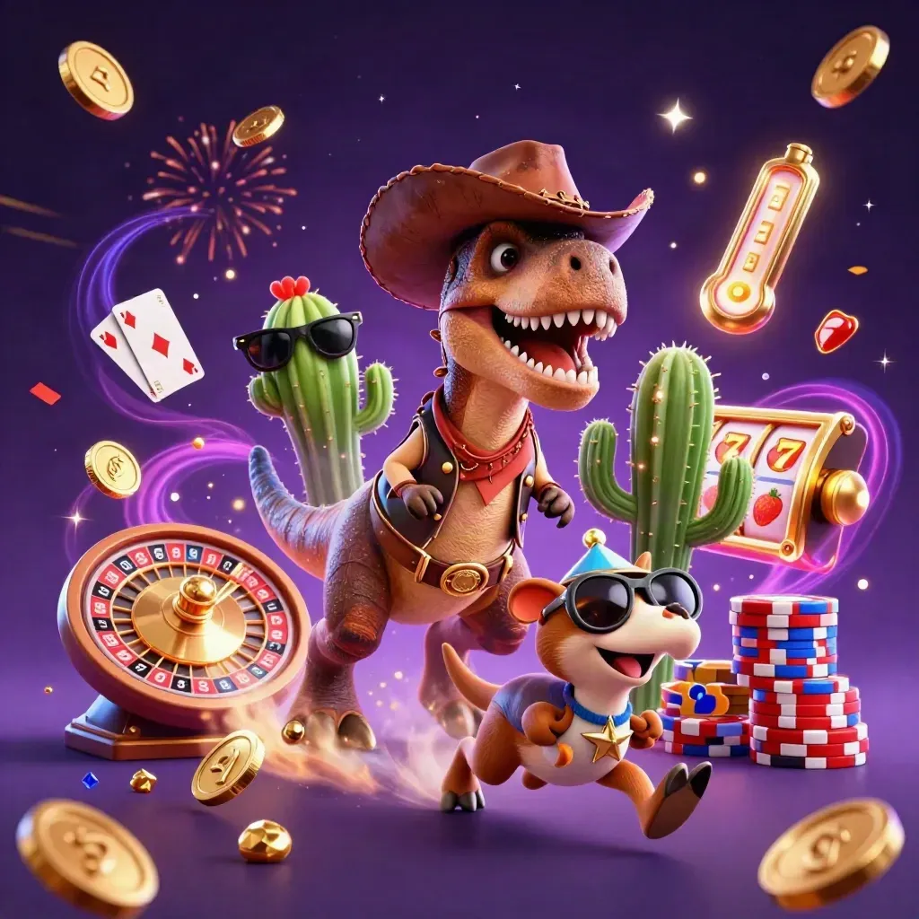 Cowboy T-Rex, cactus sidekick, and roadrunner burst amid casino treasure and neon glow.