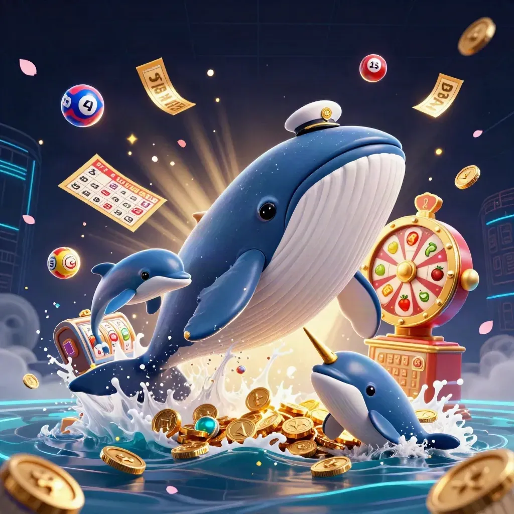 Whale captain, narwhal and dolphins burst through coins amid casino icons and neon gold glow.