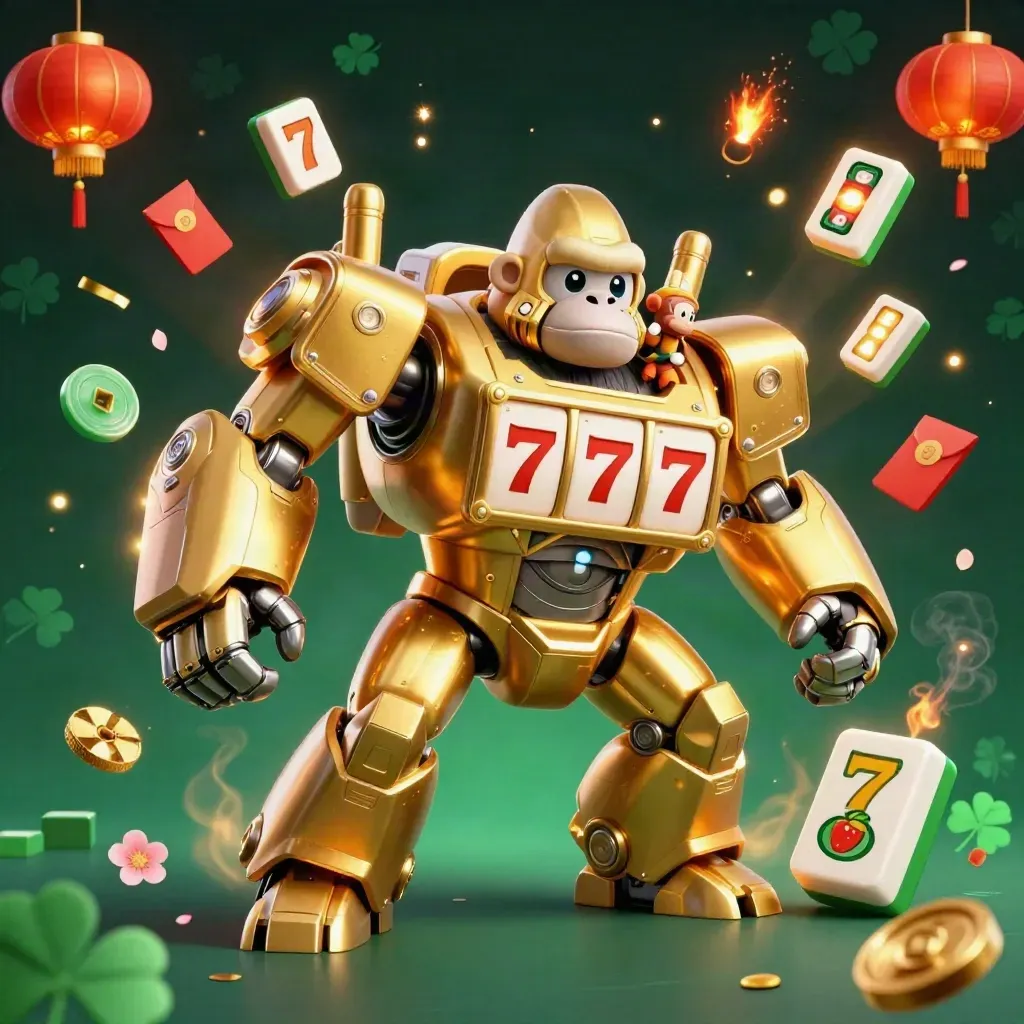 Golden gorilla mech and monkey pilot explode with casino loot in neon gold and teal.