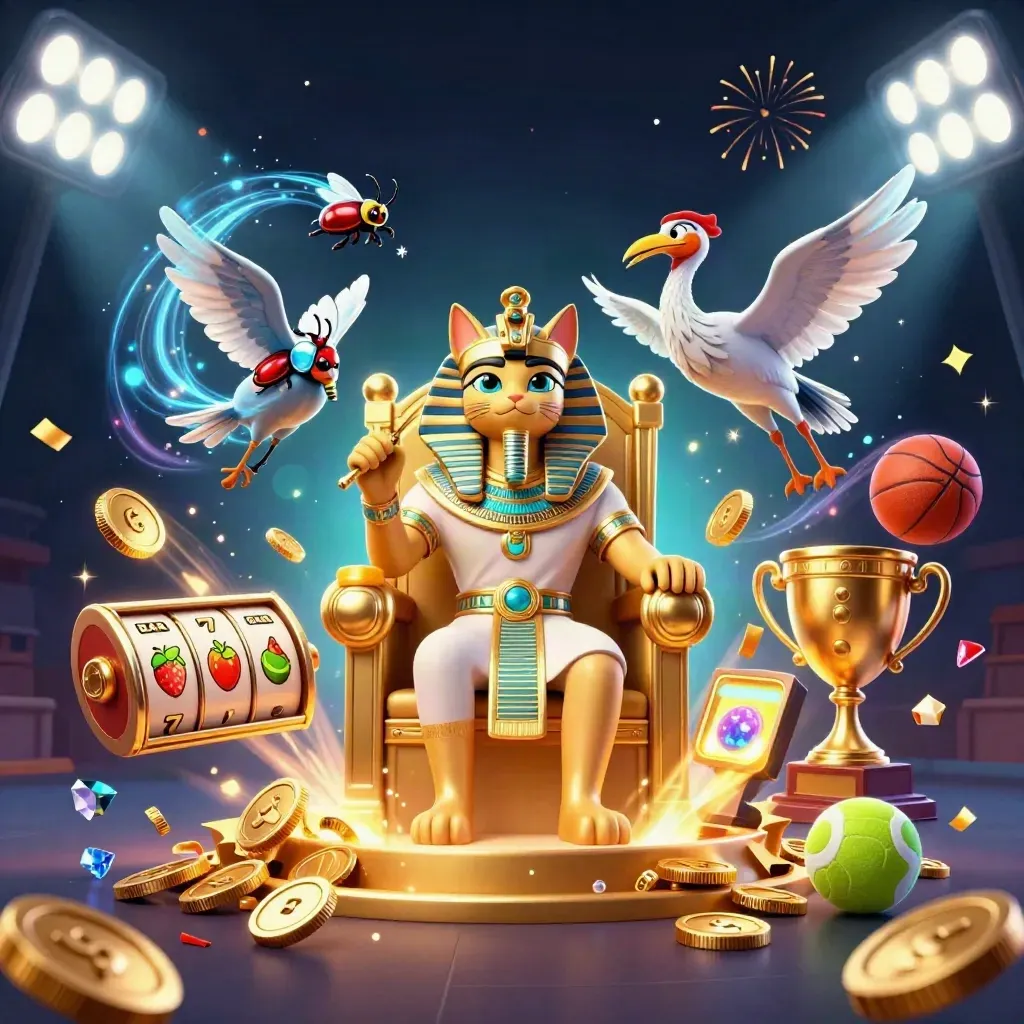 Pharaoh cat, ibis scribe, and scarab beetles amid vault bursts, coins, reels, and casino lights.