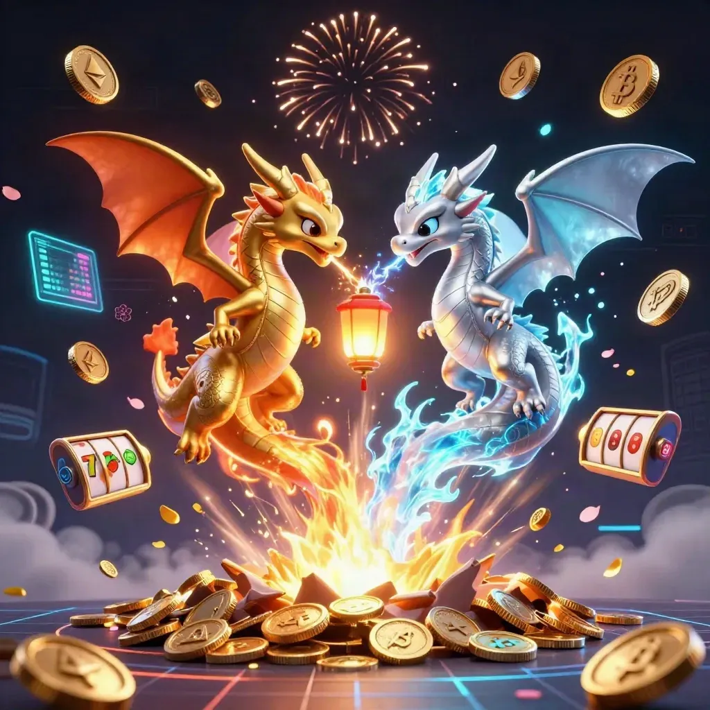 Twin dragons, treasure burst, neon coins, reels, and a premium casino fantasy scene.