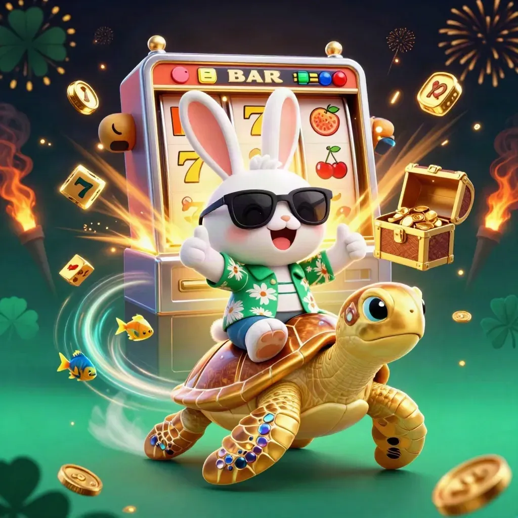 Lucky rabbit on a golden turtle amid slot symbols, coins, fireworks, and treasure in a casino splash scene.