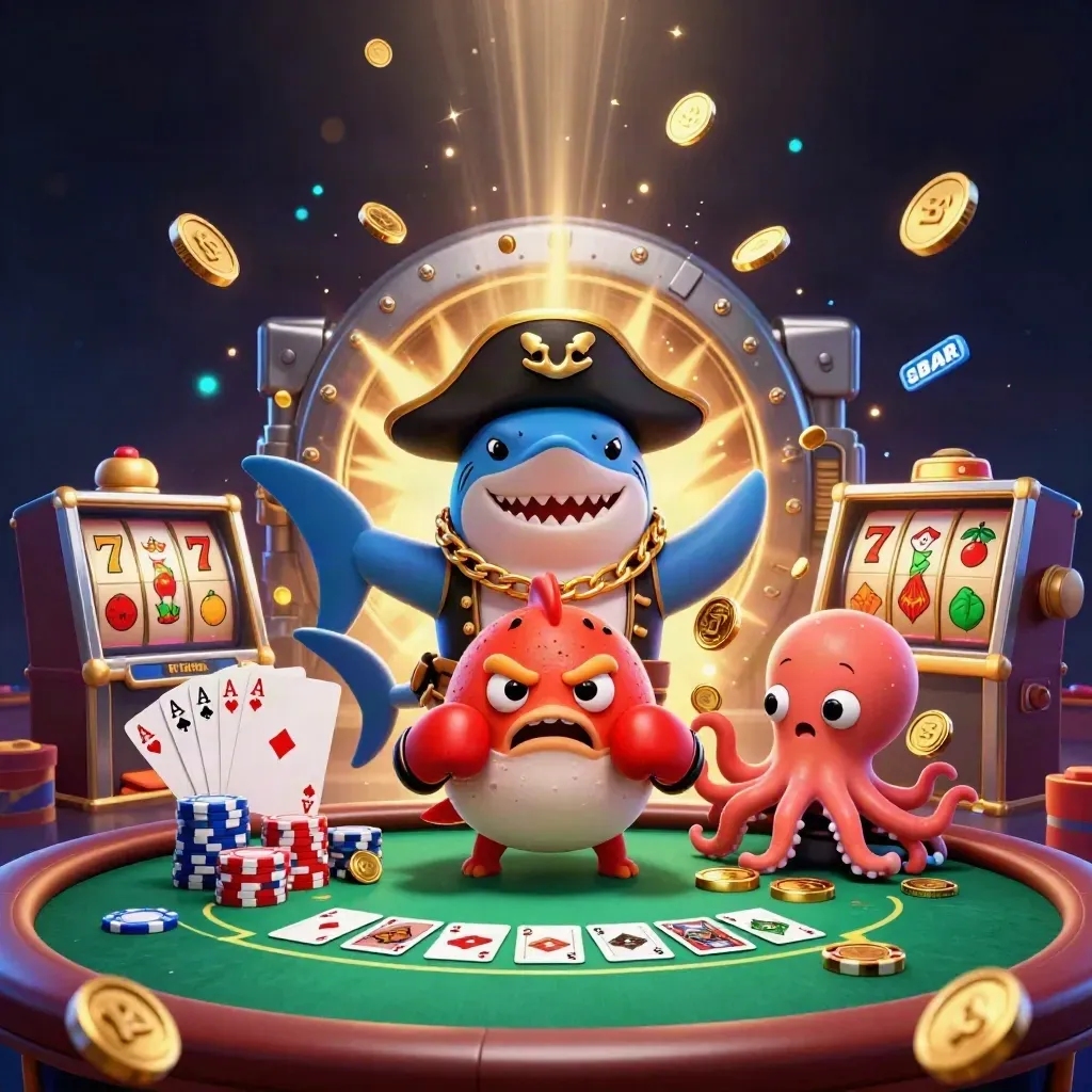 Pirate shark, boxing pufferfish, and juggling octopus amid coins, cards, reels, and casino glow