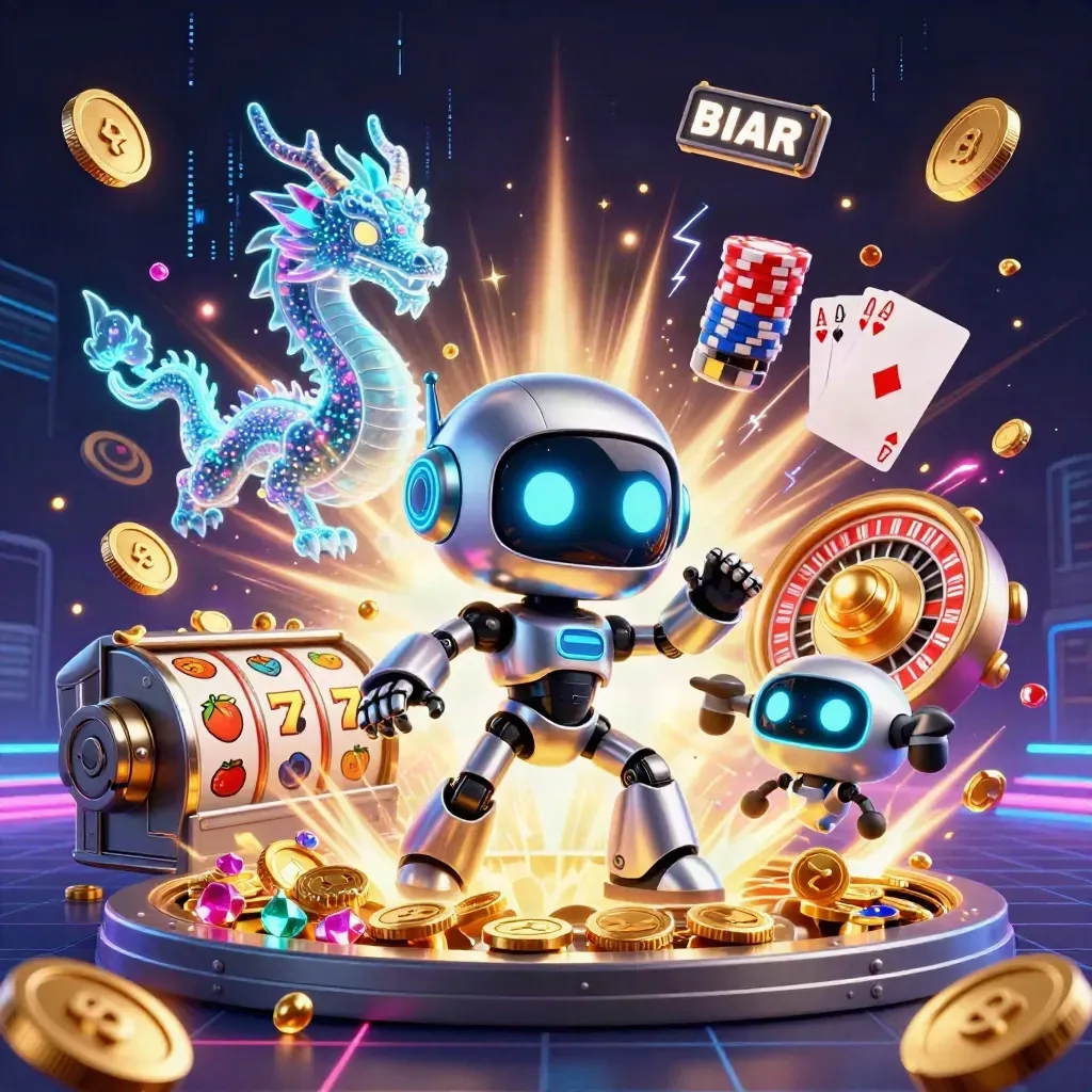 Cyberpunk robot, holographic dragon, and coin drone amid exploding casino riches and glowing reels